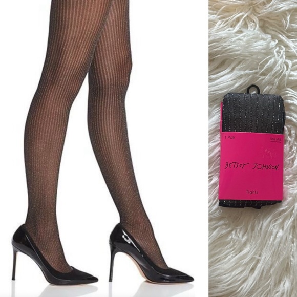 NEW Betsey Johnson Silver Sparkle Pinstripe Black Tights Size M/L 💸 - Picture 1 of 9